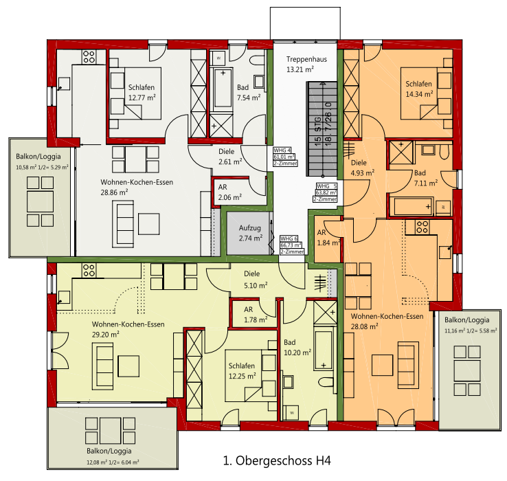 1. Obergeschoss Haus 4 WE 4/4 2 Zimmer 61,01 m²