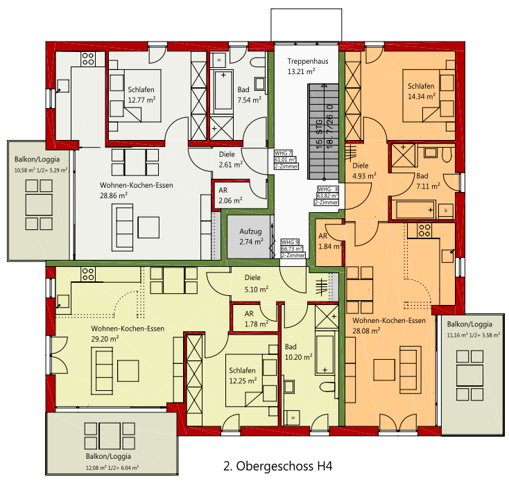 2. Obergeschoss Haus 4 WE 4/7 2 Zimmer 61,01 m²