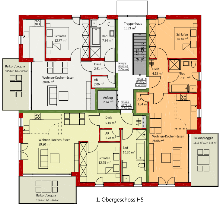 1. Obergeschoss Haus 5 WE 5/4 2 Zimmer 61,01 m²