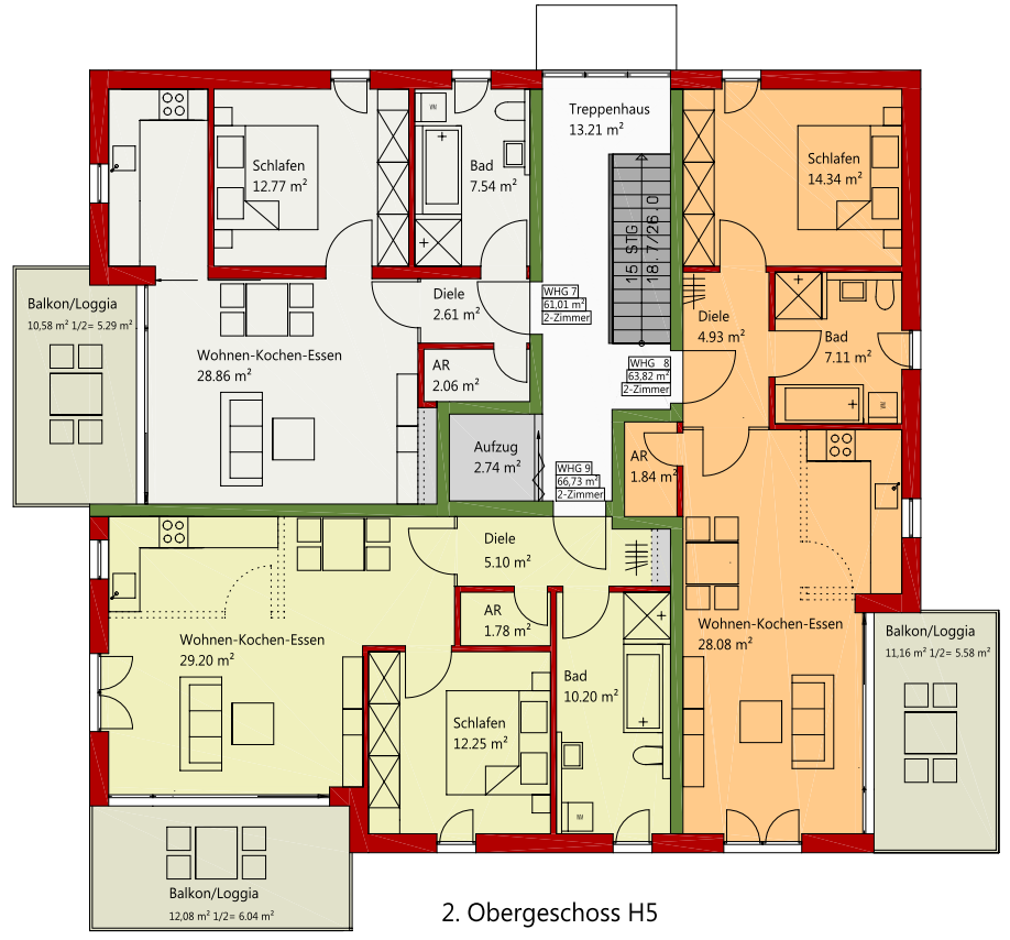 2. Obergeschoss Haus 5 WE 5/7 2 Zimmer 61,01 m²