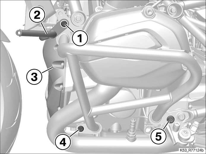 Motorschutzbügel (4) an Halter (1) für LED-Zusatzscheinwerfer anliegen lassen. Schraube (5) an Motorschutzbügel (4) handfest einbauen.