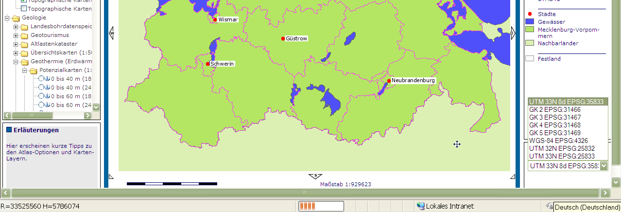 WebGIS Kartenportal Umwelt M-V Möglichkeit über Wahl des Bezugssystems