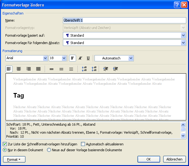 Fenster Formatvorlage ändern Unter Format können