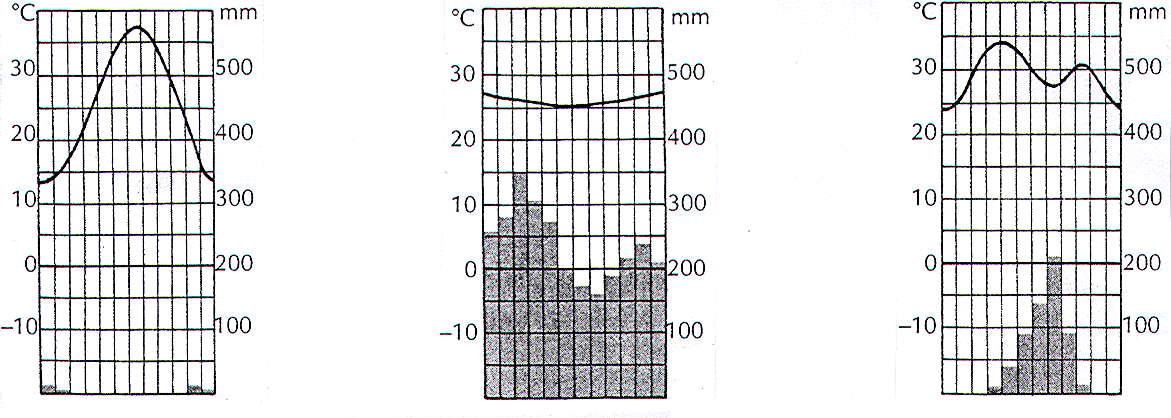 Studiere die Tabelle, analysiere die untenstehenden Klimadiagramme! Stelle fest, welches Klima sie veranschaulichen! T : 27 C Ns.: 50 mm T : 27 C Ns.: 2400 mm T : 28 C Ns.: 850 mm A). klima B).
