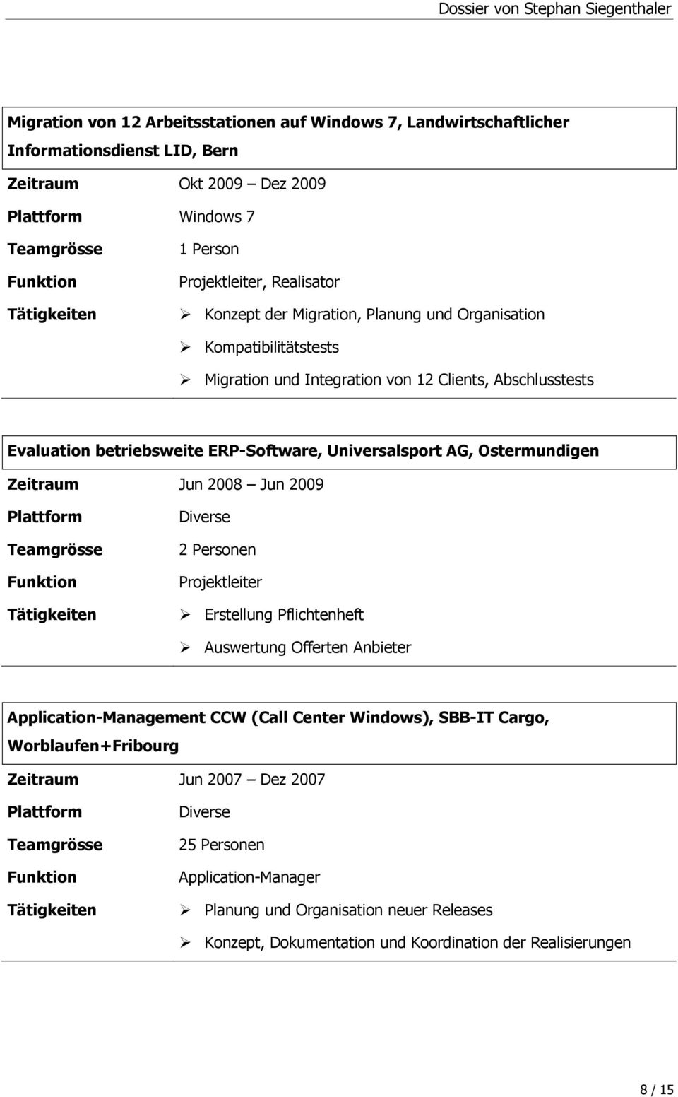 Jun 2008 Jun 2009 Diverse Projektleiter Erstellung Pflichtenheft Auswertung Offerten Anbieter Application-Management CCW (Call Center Windows), SBB-IT Cargo,