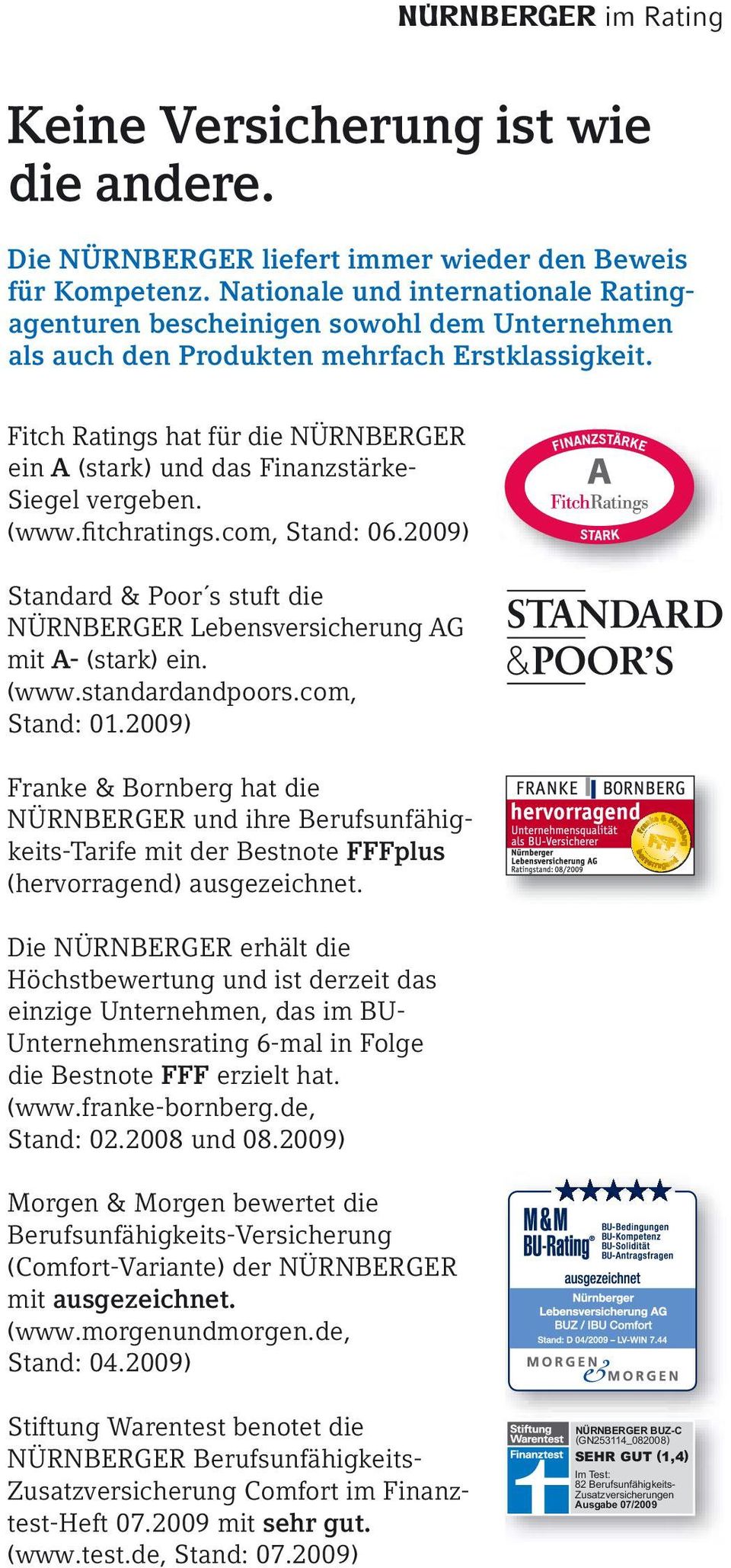 Fitch Ratings hat für die NÜRNBERGER ein A (stark) und das Finanzstärke- Siegel vergeben. (www.fitchratings.com, Stand: 06.