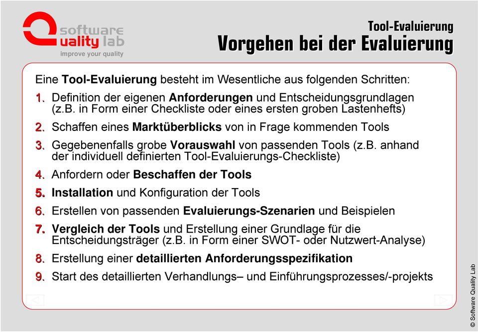 Anfordern oder Beschaffen der Tools 5. Installation und Konfiguration der Tools 6. Erstellen von passenden Evaluierungs-Szenarien und Beispielen 7.