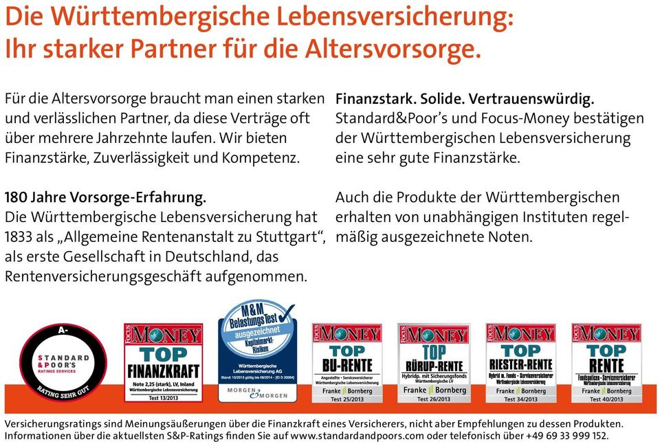 Solide. Vertrauenswürdig. Standard&Poor s und Focus-Money bestätigen der Württembergischen Lebensversicherung eine sehr gute Finanzstärke. 180 Vorsorge-Erfahrung.