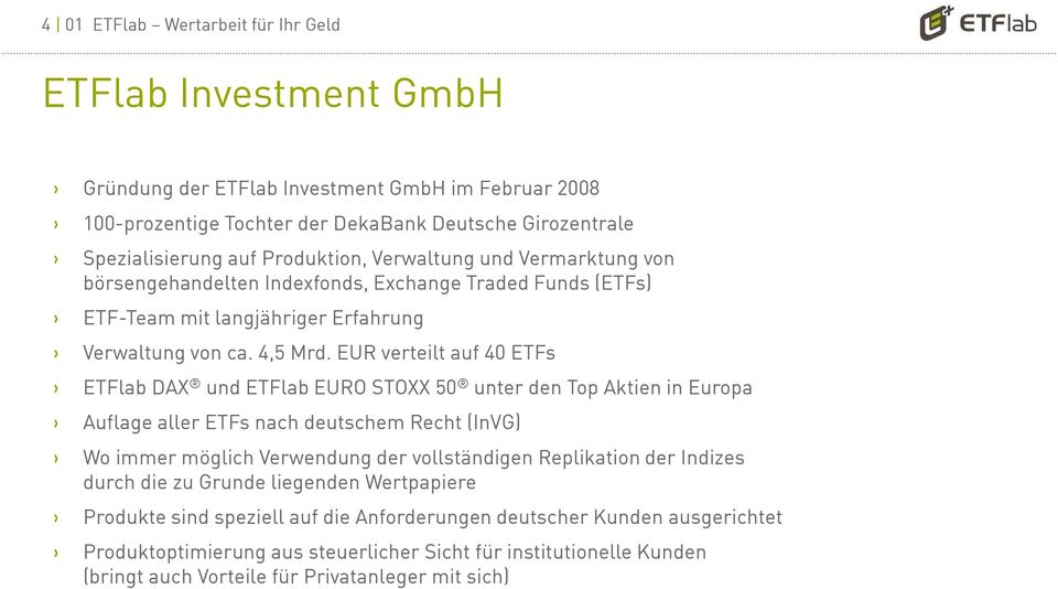 EUR verteilt auf 40 ETFs ETFlab DAX und ETFlab EURO STOXX 50 unter den Top Aktien in Europa Auflage aller ETFs nach deutschem Recht (InVG) Wo immer möglich Verwendung der vollständigen Replikation