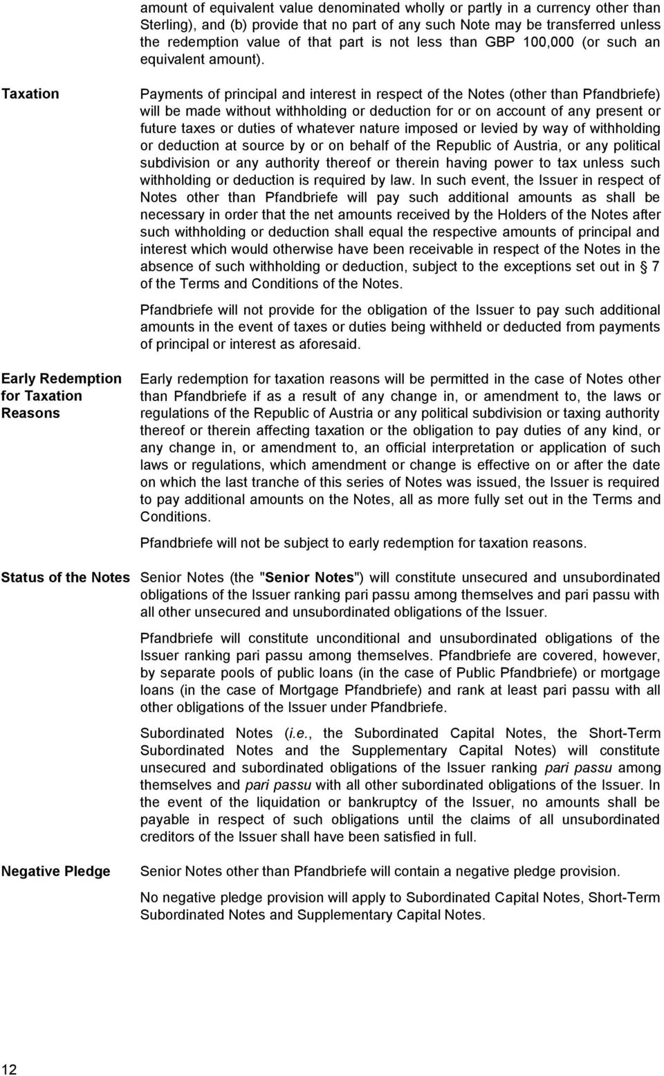 Taxation Early Redemption for Taxation Reasons Payments of principal and interest in respect of the Notes (other than Pfandbriefe) will be made without withholding or deduction for or on account of