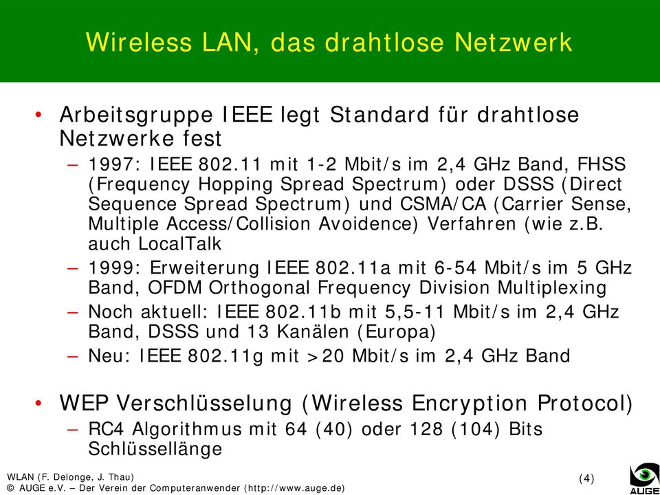 Avoidence) Verfahren (wie z.b. auch LocalTalk 1999: Erweiterung IEEE 802.11a mit 6-54 Mbit/s im 5 GHz Band, OFDM Orthogonal Frequency Division Multiplexing Noch aktuell: IEEE 802.