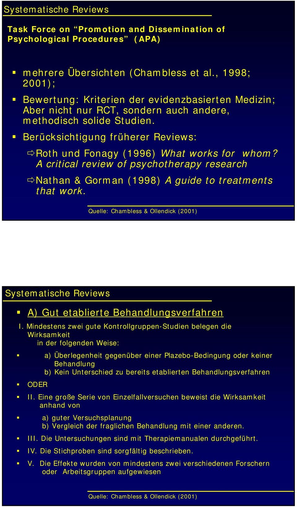 Berücksichtigung früherer Reviews: Roth und Fonagy (1996) What works for whom? A critical review of psychotherapy research Nathan & Gorman (1998) A guide to treatments that work.