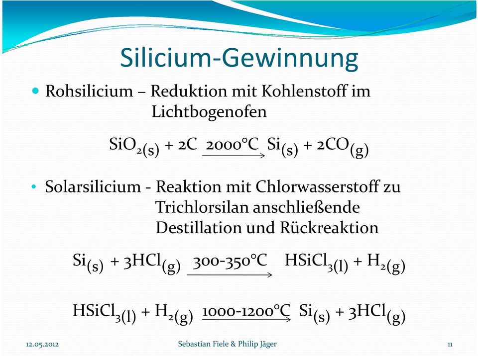 Destillation i und Rückreaktion k Si (s) + 3HCl (g) 300 350 C 35 HSiCl 3 3(l) + H 2(g) HSiCl 3