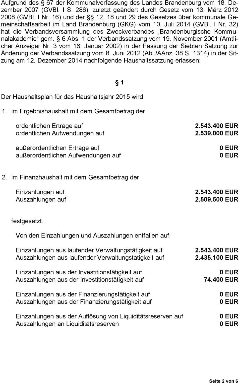 32) hat die Verbandsversammlung des Zweckverbandes Brandenburgische Kommunalakademie gem. 6 Abs. 1 der Verbandssatzung vom 19. November 2001 (Amtlicher Anzeiger Nr. 3 vom 16.