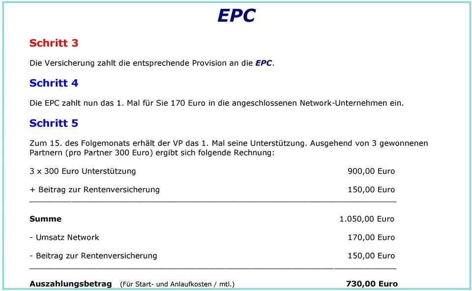 Ausgehend von 3 gewonnenen Partnern (pro Partner 300 Euro) ergibt sich folgende Rechnung: 3 x 300 Euro Unterstützung 900,00 Euro + Beitrag zur