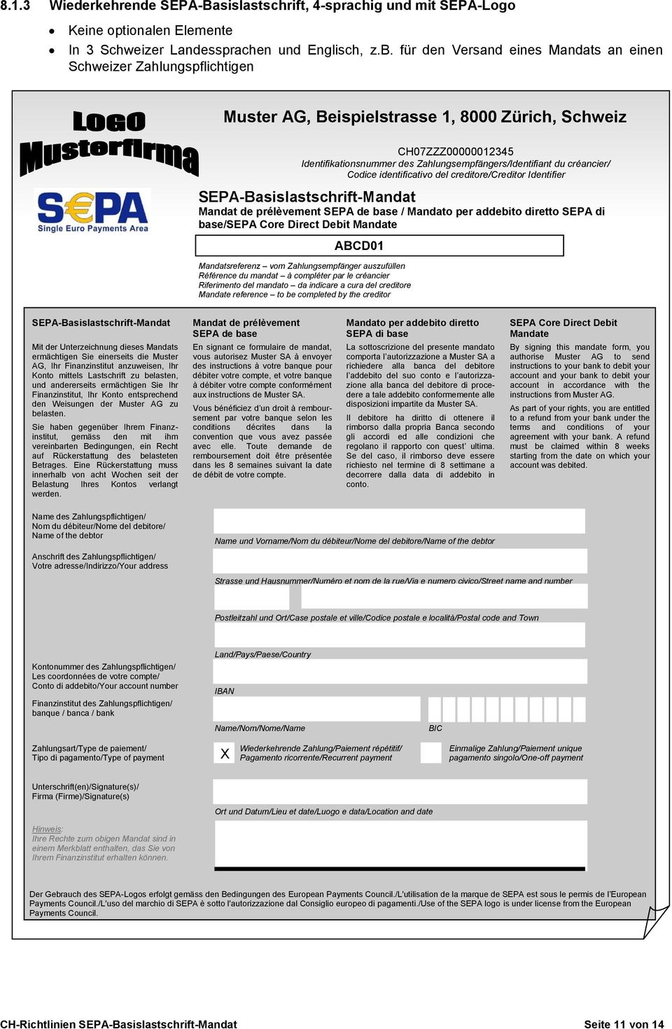 créancier/ Codice identificativo del creditore/creditor Identifier SEPA-Basislastschrift-Mandat Mandat de prélèvement SEPA de base / Mandato per addebito diretto SEPA di base/sepa Core Direct Debit