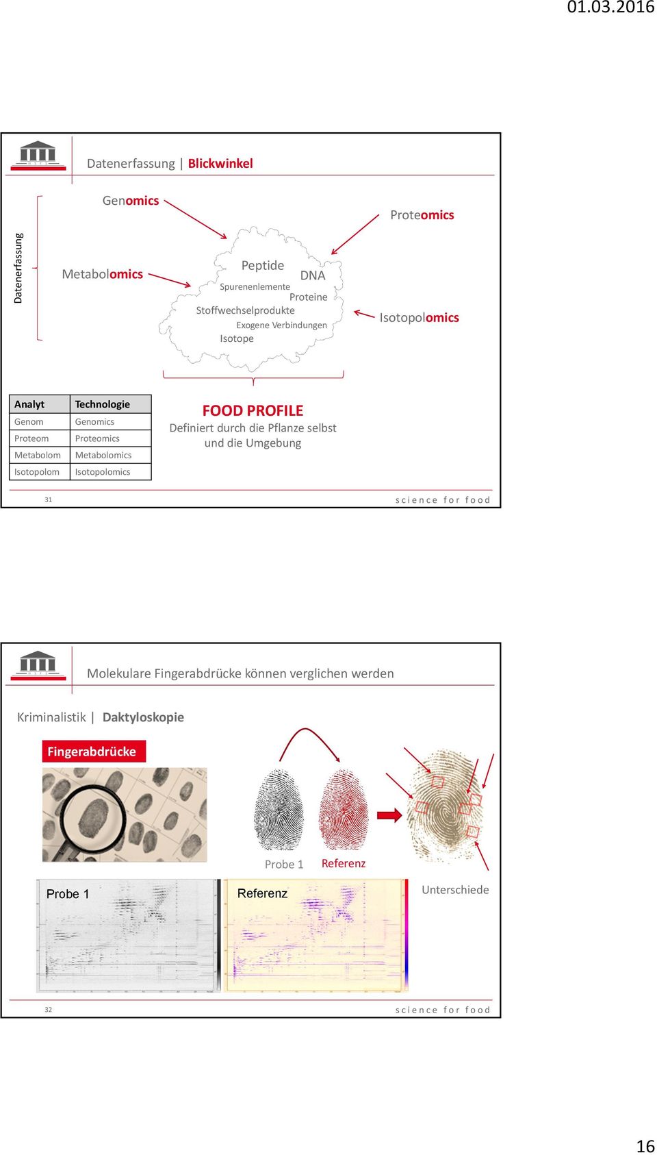 Proteomics Metabolomics FOOD PROFILE Definiert durch die Pflanze selbst und die Umgebung Isotopolom Isotopolomics 31