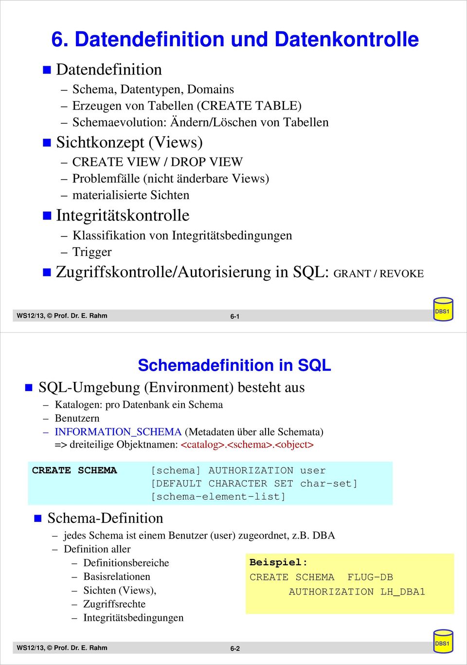 6-1 Schemadefinition in SQL SQL-Umgebung (Environment) besteht aus Katalogen: pro Datenbank ein Schema Benutzern INFORMATION_SCHEMA (Metadaten über alle Schemata) => dreiteilige Objektnamen: