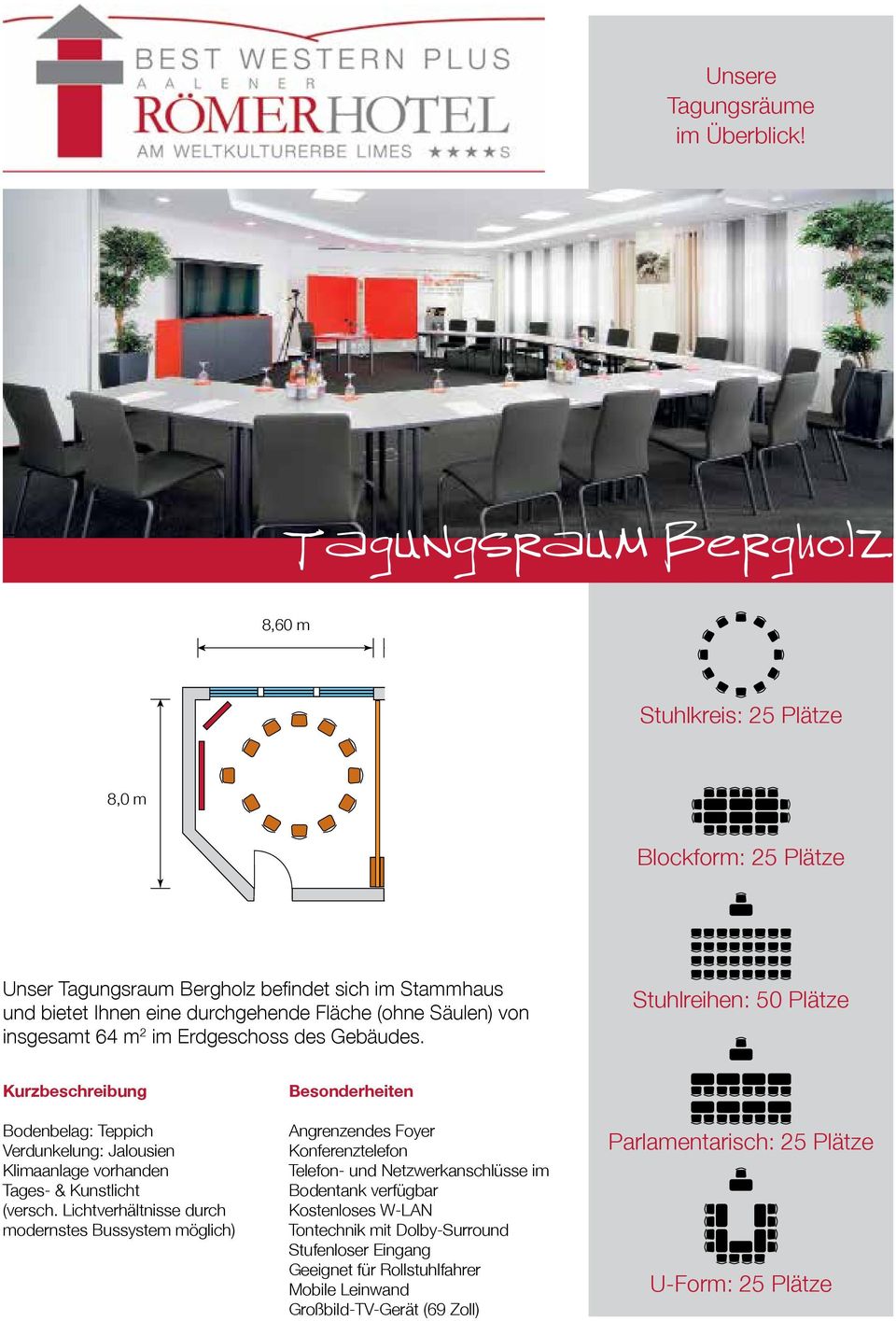 Stuhlreihen: 50 Plätze Bodenbelag: Teppich Tages- & Kunstlicht (versch.