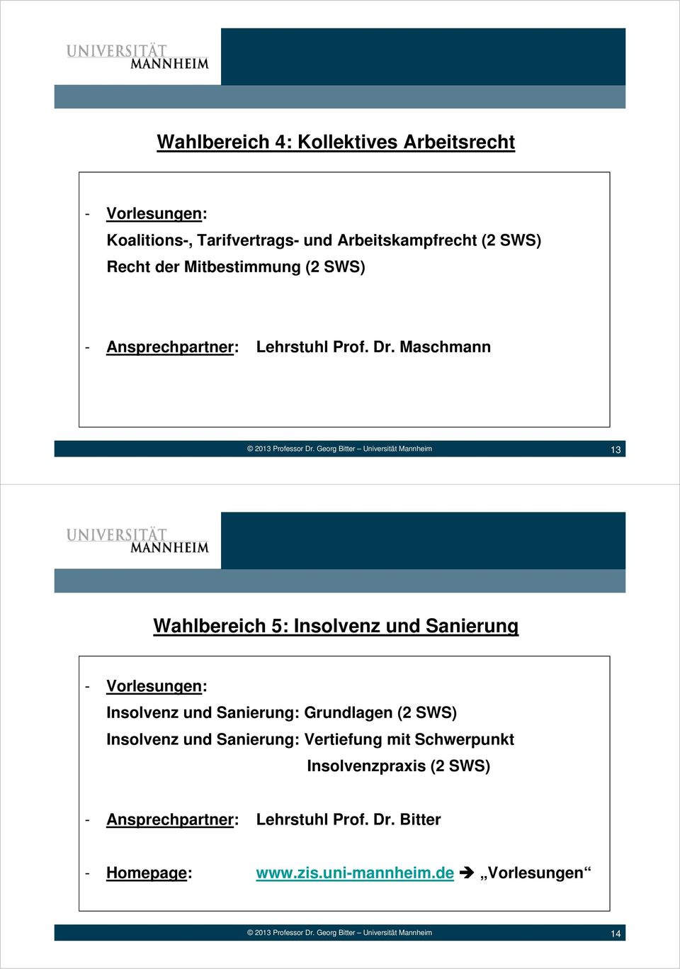 Maschmann 13 Wahlbereich 5: Insolvenz und Sanierung Insolvenz und Sanierung: Grundlagen (2 SWS) Insolvenz und