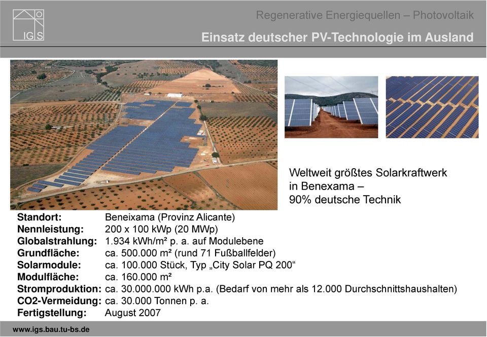 000000 m² (rund 71 Fußballfelder) Solarmodule: ca. 100.000 Stück, Typ City Solar PQ 200 Modulfläche: ca. 160.