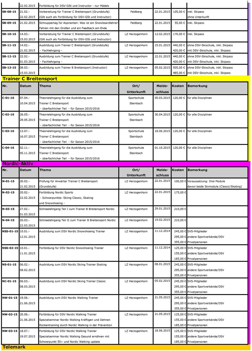 - Vorbereitung für Trainer C Breitensport (Grundstufe) LZ Herzogenhorn 12.02.2015 170,00 inkl. Skipass 15.03.2015 (Gilt auch als Fortbildung für DSV-GSt und Instructor) SB-11-15 14.02.- Ausbildung zum Trainer C Breitensport (Grundstufe) LZ Herzogenhorn 15.