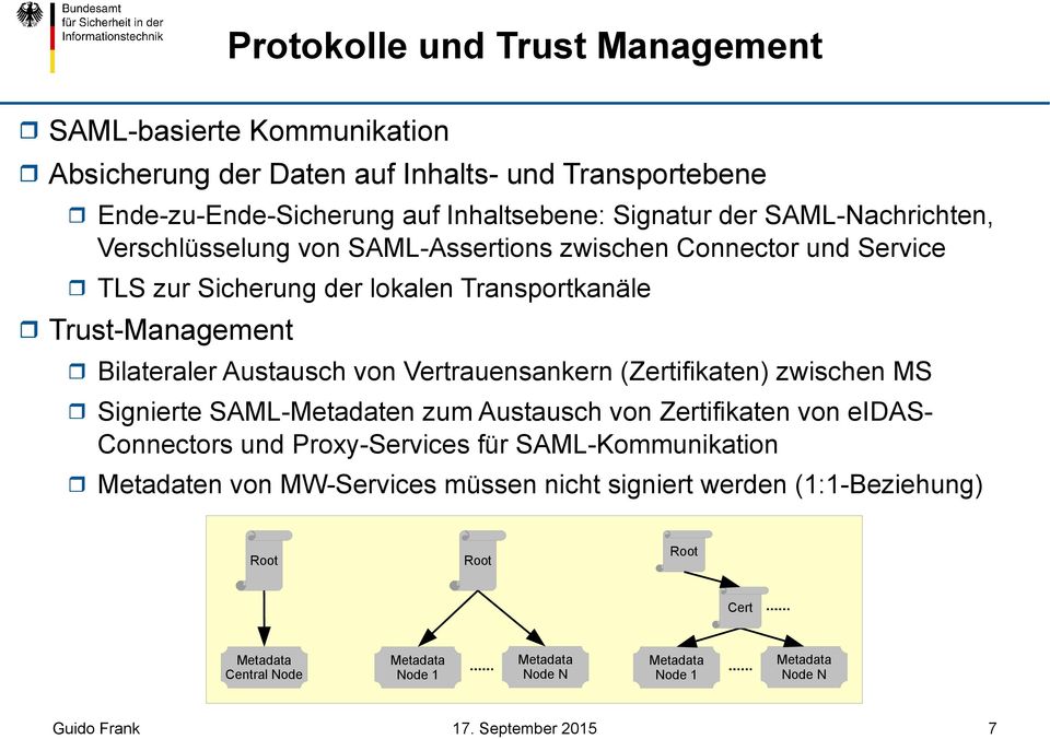 von Vertrauensankern (Zertifikaten) zwischen MS Signierte SAML-Metadaten zum Austausch von Zertifikaten von eidas- Connectors und Proxy-Services für SAML-Kommunikation