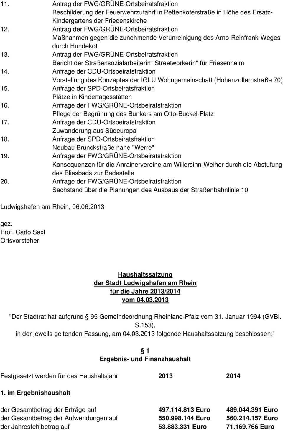 Antrag der FWG/GRÜNE-Ortsbeiratsfraktion Bericht der Straßensozialarbeiterin "Streetworkerin" für Friesenheim 14.