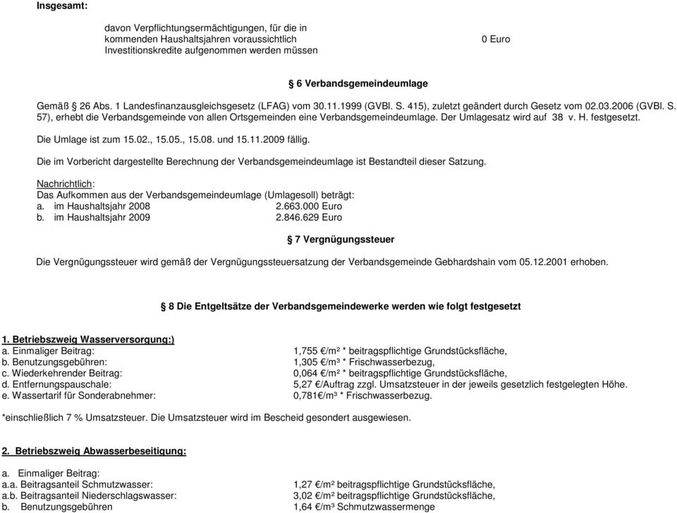 Der Umlagesatz wird auf 38 v. H. festgesetzt. Die Umlage ist zum 15.02., 15.05., 15.08. und 15.11.2009 fällig.