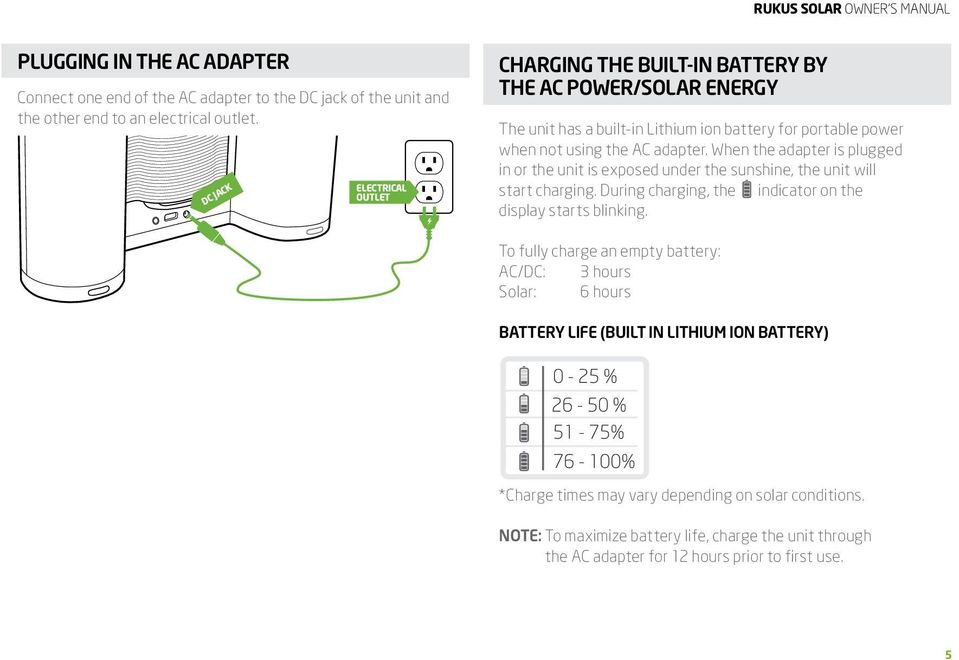 When the adapter is plugged in or the unit is exposed under the sunshine, the unit will start charging. During charging, the indicator on the display starts blinking.