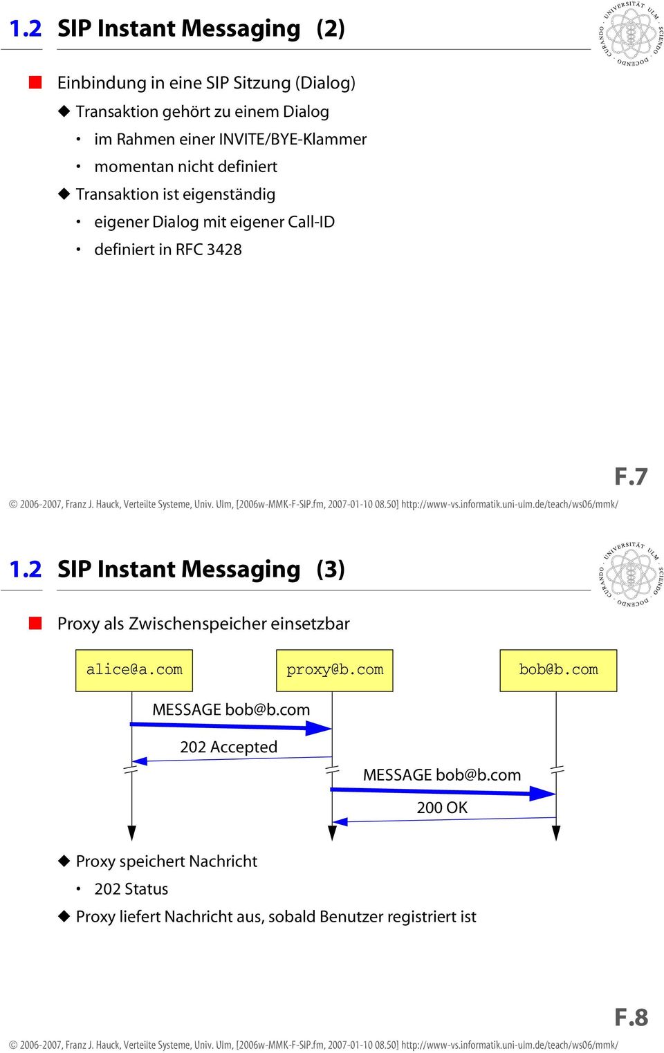 definiert in RFC 3428 F.7 1.2 SIP Instant Messaging (3) Proxy als Zwischenspeicher einsetzbar proxy@b.com bob@b.