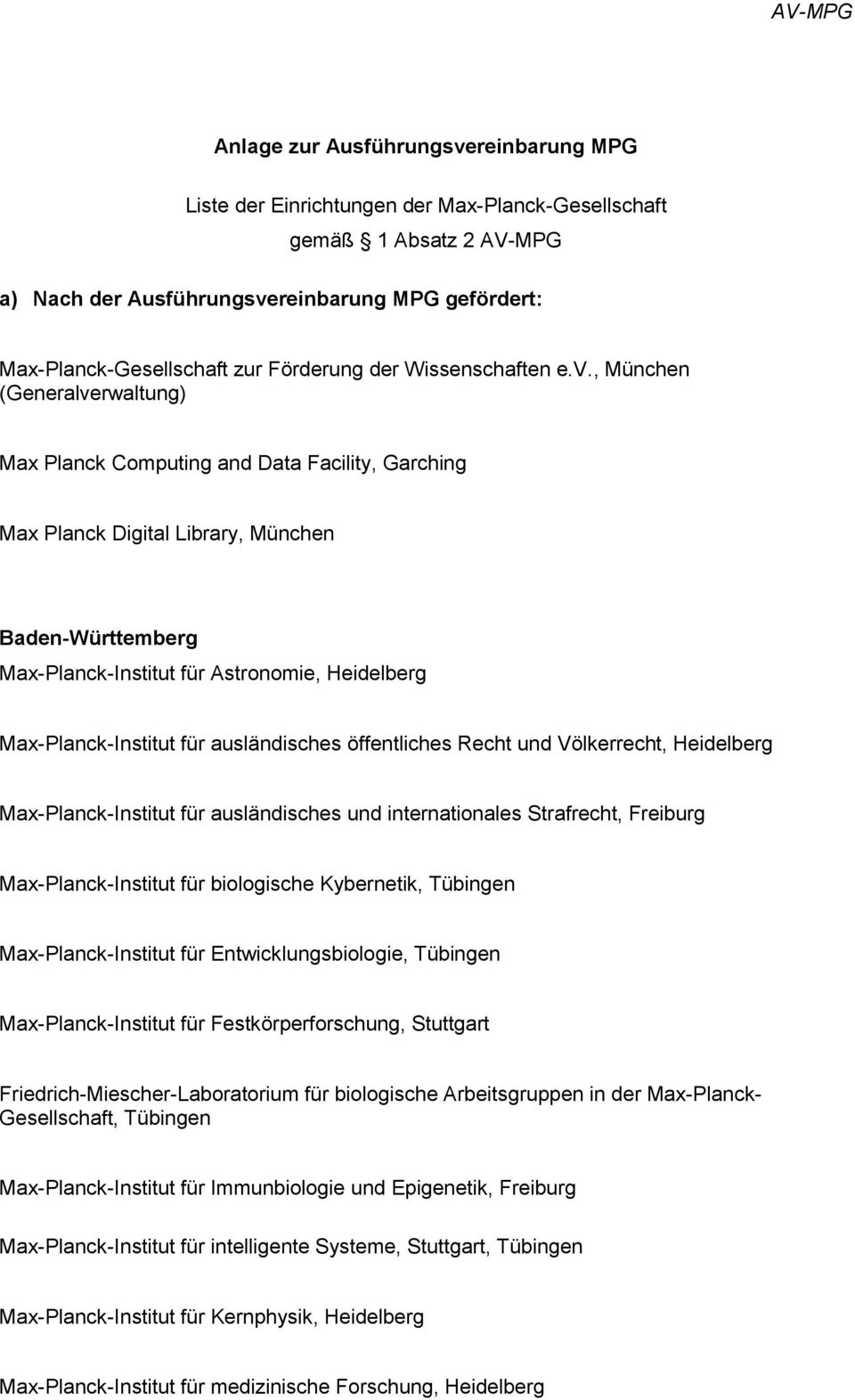 , München (Generalverwaltung) Max Planck Computing and Data Facility, Garching Max Planck Digital Library, München Baden-Württemberg Max-Planck-Institut für Astronomie, Heidelberg Max-Planck-Institut