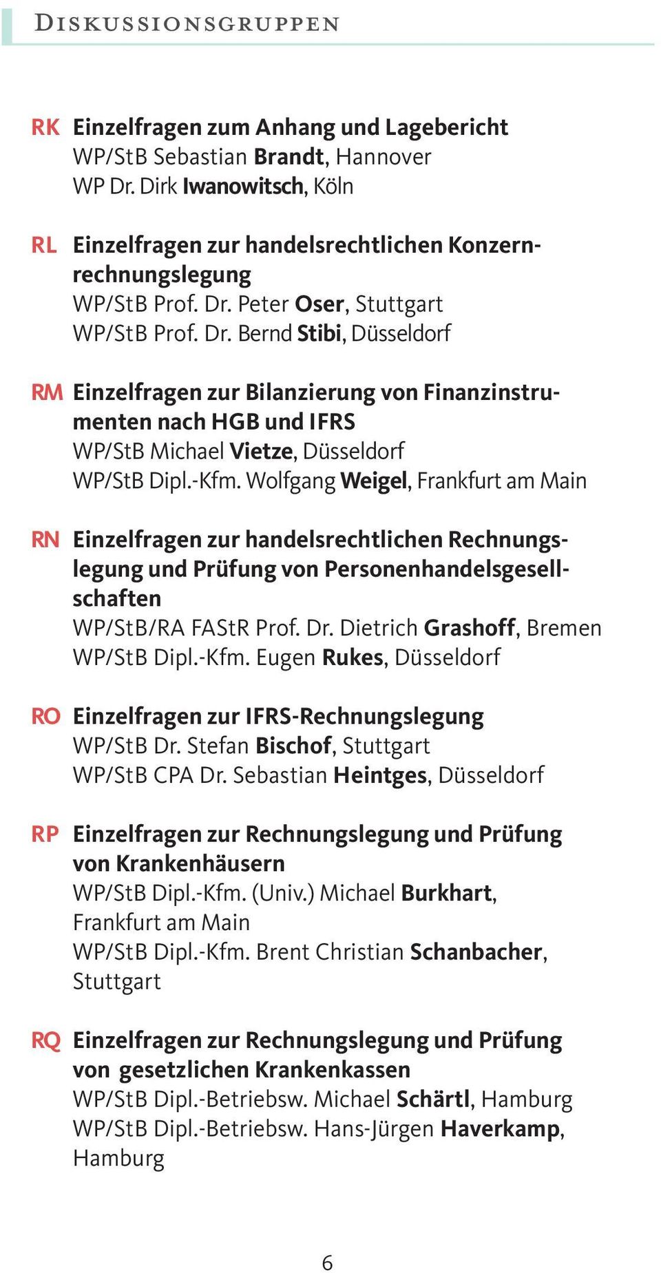 Wolfgang Weigel, Frankfurt am Main RN Einzelfragen zur handelsrechtlichen Rechnungslegung und Prüfung von Personenhandelsgesellschaften WP/StB/RA FAStR Prof. Dr. Dietrich Grashoff, Bremen WP/StB Dipl.
