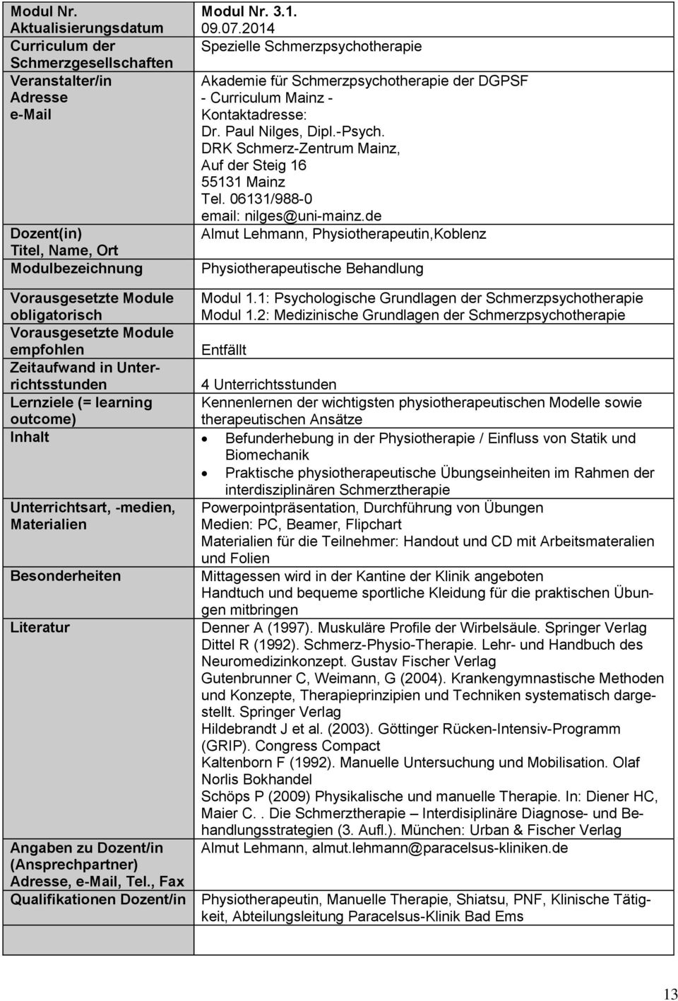 , Fax Qualifikationen Dozent/in obligatorisch Modul 1.1: Psychologische Grundlagen der Schmerzpsychotherapie Modul 1.