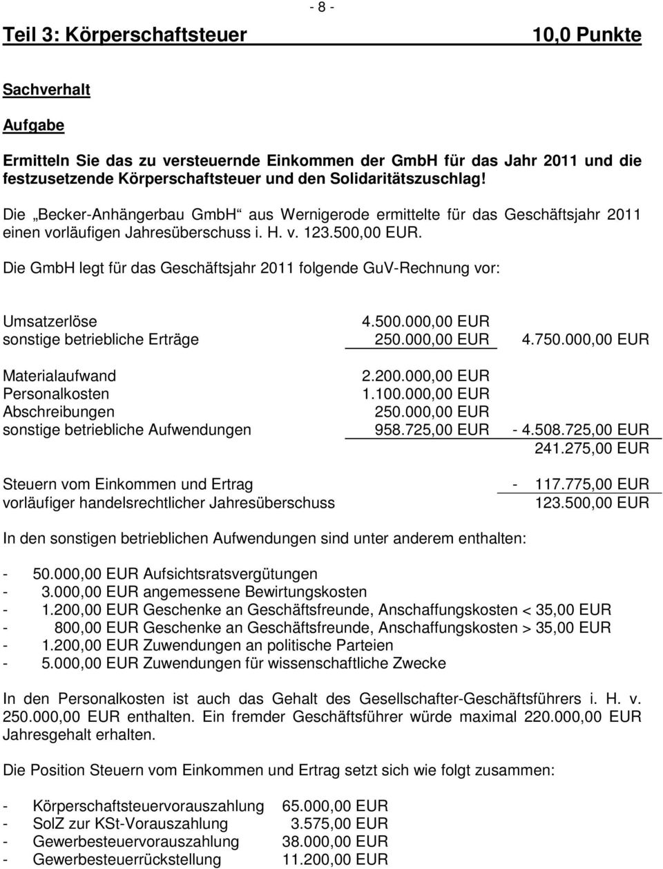 Die GmbH legt für das Geschäftsjahr 2011 folgende GuV-Rechnung vor: Umsatzerlöse 4.500.000,00 EUR sonstige betriebliche Erträge 250.000,00 EUR 4.750.000,00 EUR Materialaufwand 2.200.