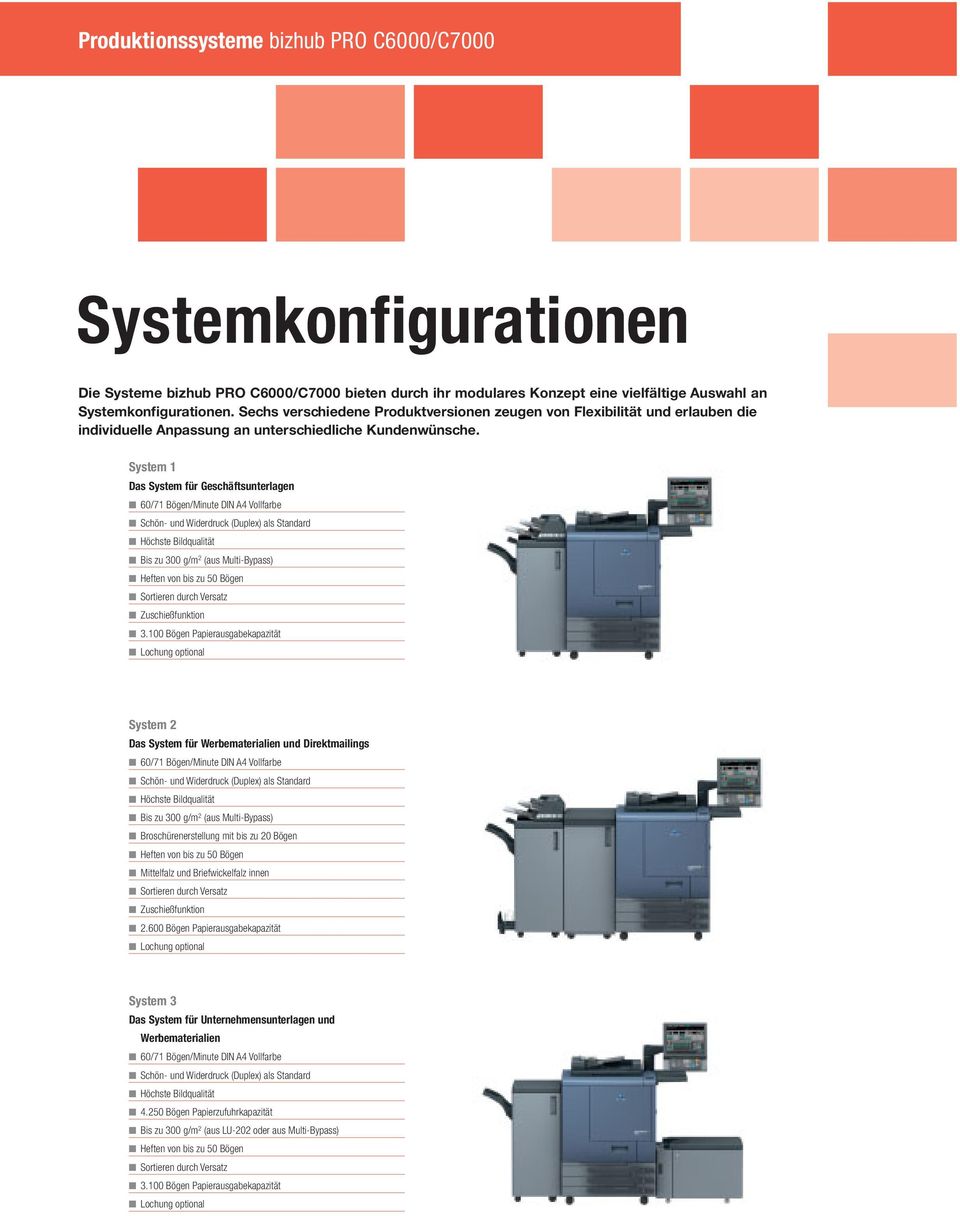 System 1 Das System für Geschäftsunterlagen 60/71 Bögen/Minute DIN A4 Vollfarbe Schön- und Widerdruck (Duplex) als Standard Höchste Bildqualität Bis zu 300 g/m 2 (aus Multi-Bypass) Heften von bis zu