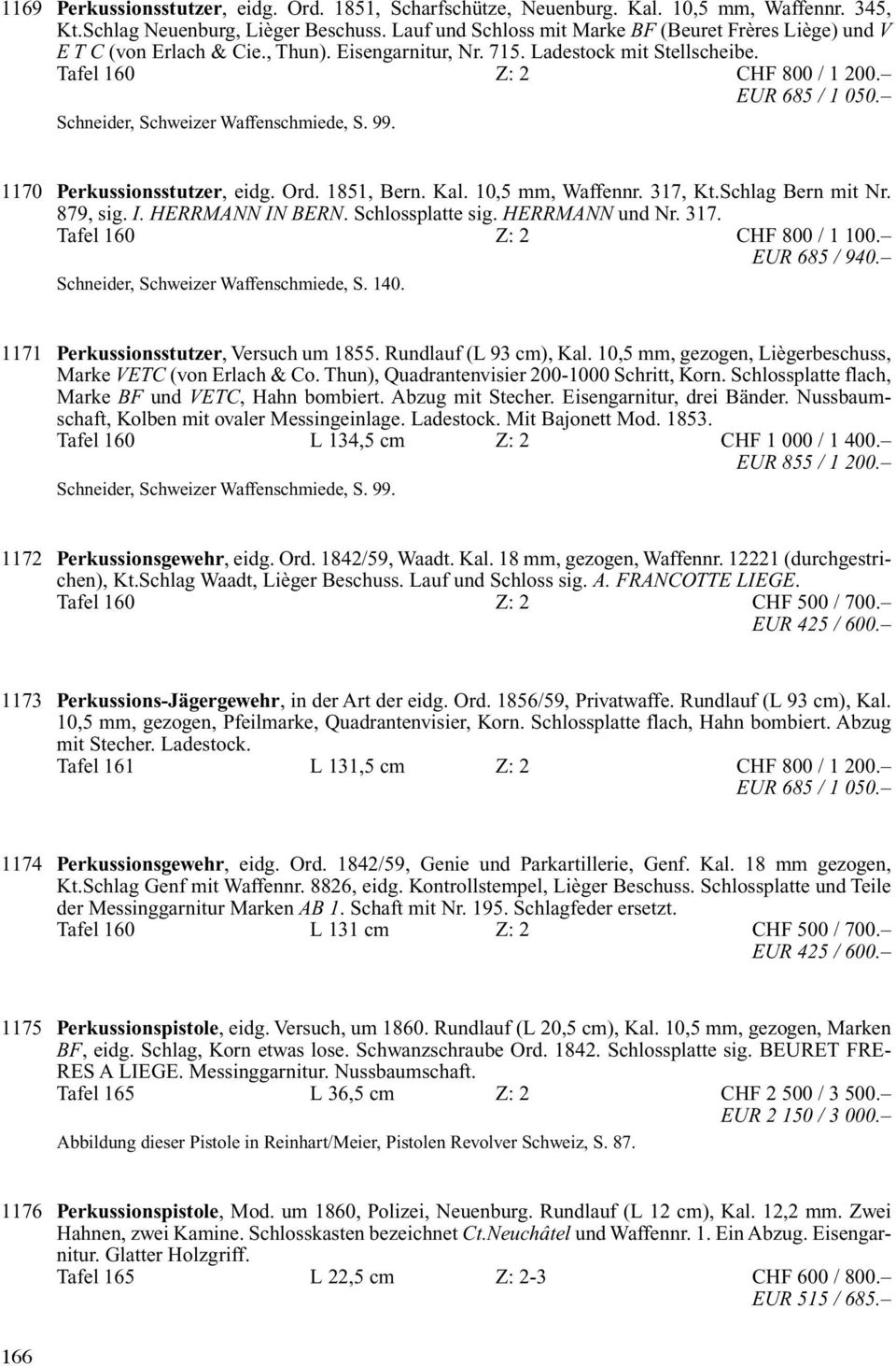 Schneider, Schweizer Waffenschmiede, S. 99. 1170 Perkussionsstutzer, eidg. Ord. 1851, Bern. Kal. 10,5 mm, Waffennr. 317, Kt.Schlag Bernmit Nr. 879, sig. I. HERRMANN IN BERN.Schlossplatte sig.