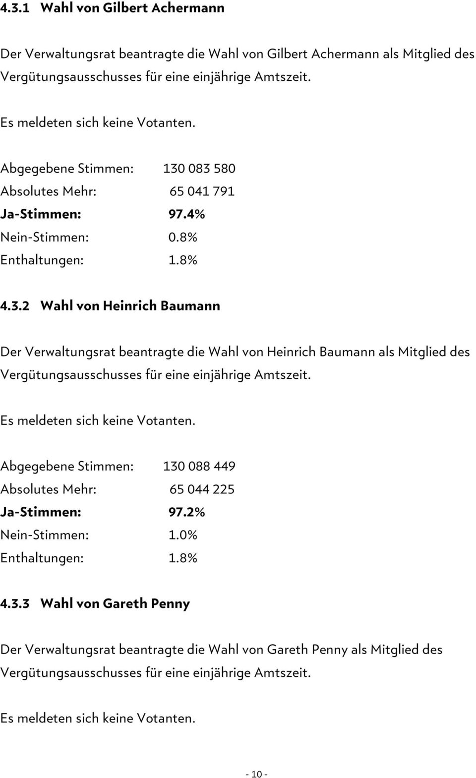 083 580 Absolutes Mehr: 65 041 791 Ja-Stimmen: 97.4% Nein-Stimmen: 0.8% 4.3.2 Wahl von Heinrich Baumann Der Verwaltungsrat beantragte die Wahl von Heinrich Baumann als Mitglied des Vergütungsausschusses für eine einjährige Amtszeit.