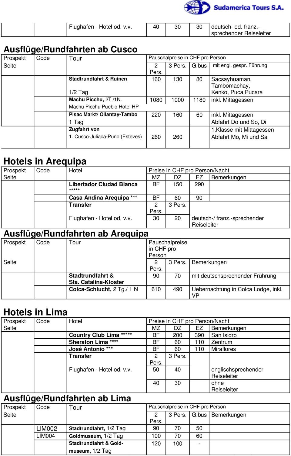 Mittagessen Machu Picchu Pueblo Hotel HP Pisac Markt/ Ollantay-Tambo 220 160 60 inkl. Mittagessen 1 Tag Abfahrt Do und So, Di Zugfahrt von 1.Klasse mit Mittagessen 1.