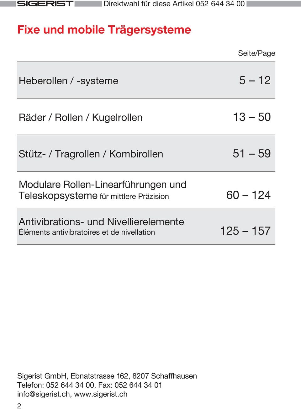 124 Antivibrations- und Nivellierelemente Éléments antivibratoires et de nivellation 125 157 Sigerist GmbH,