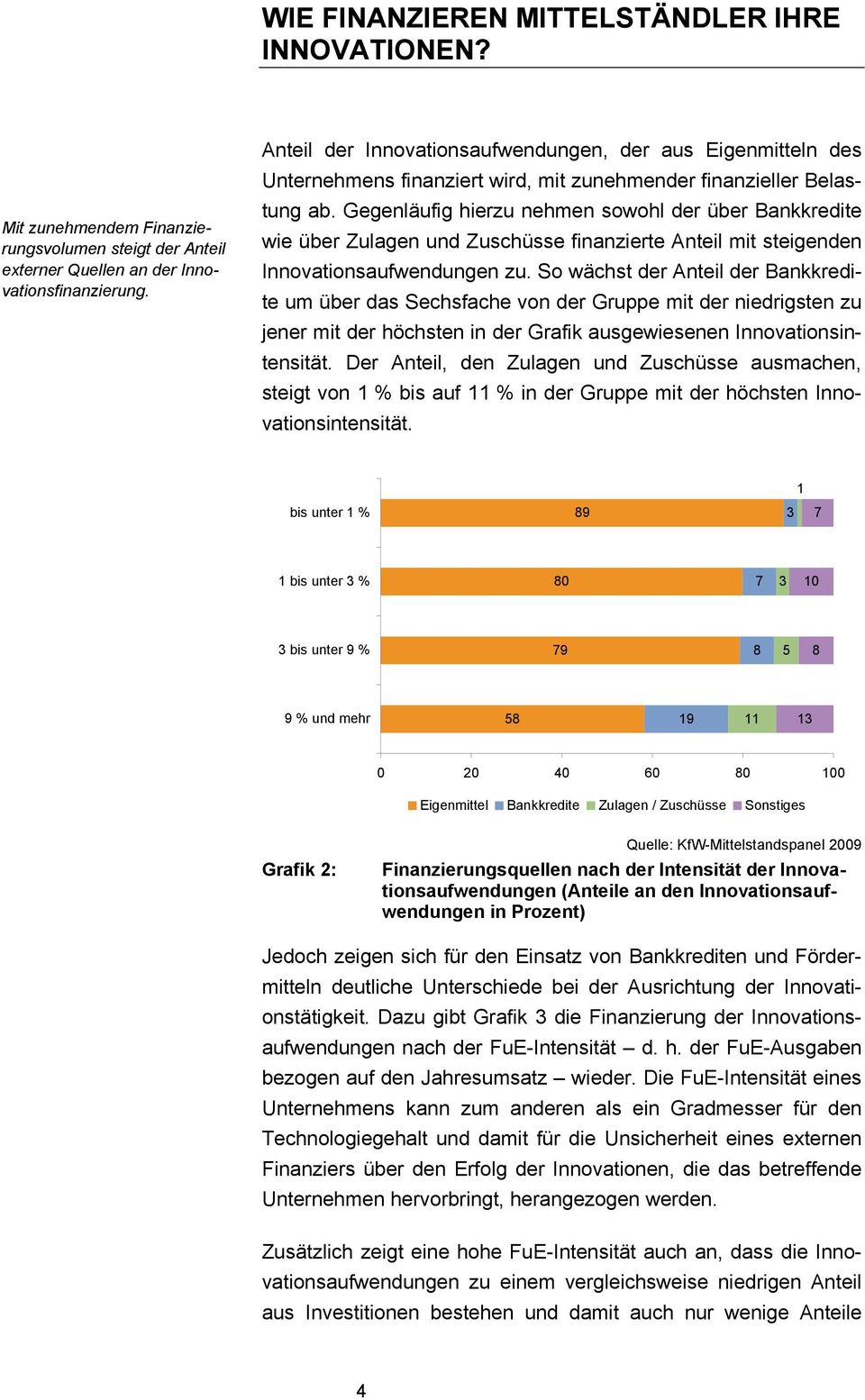 Gegenläufig hierzu nehmen sowohl der über Bankkredite wie über Zulagen und Zuschüsse finanzierte Anteil mit steigenden Innovationsaufwendungen zu.