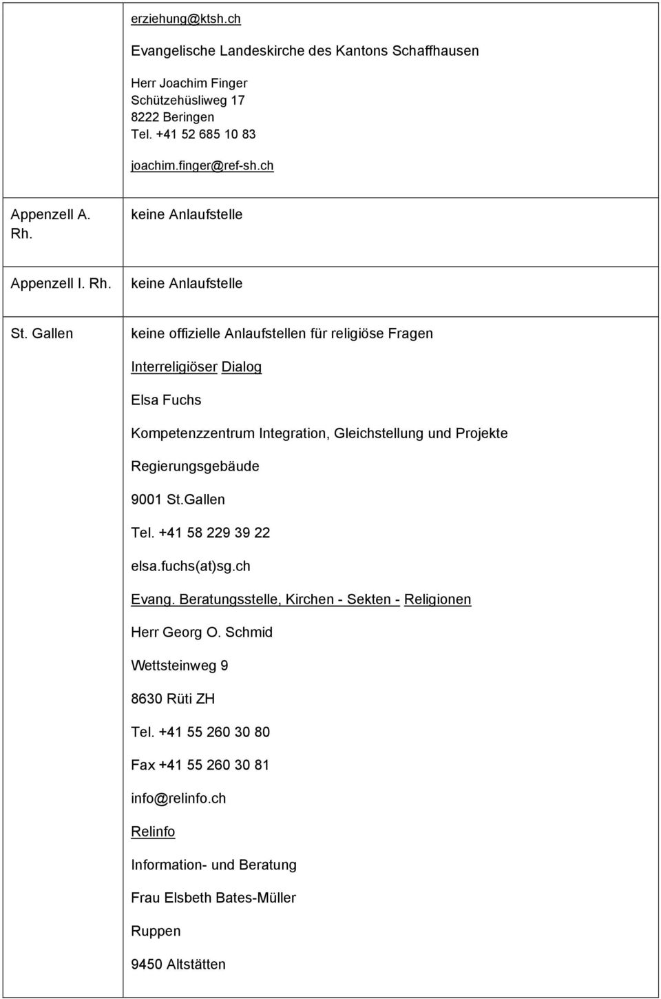 Gallen keine offizielle Anlaufstellen für religiöse Fragen Interreligiöser Dialog Elsa Fuchs Kompetenzzentrum Integration, Gleichstellung und Projekte Regierungsgebäude 9001 St.