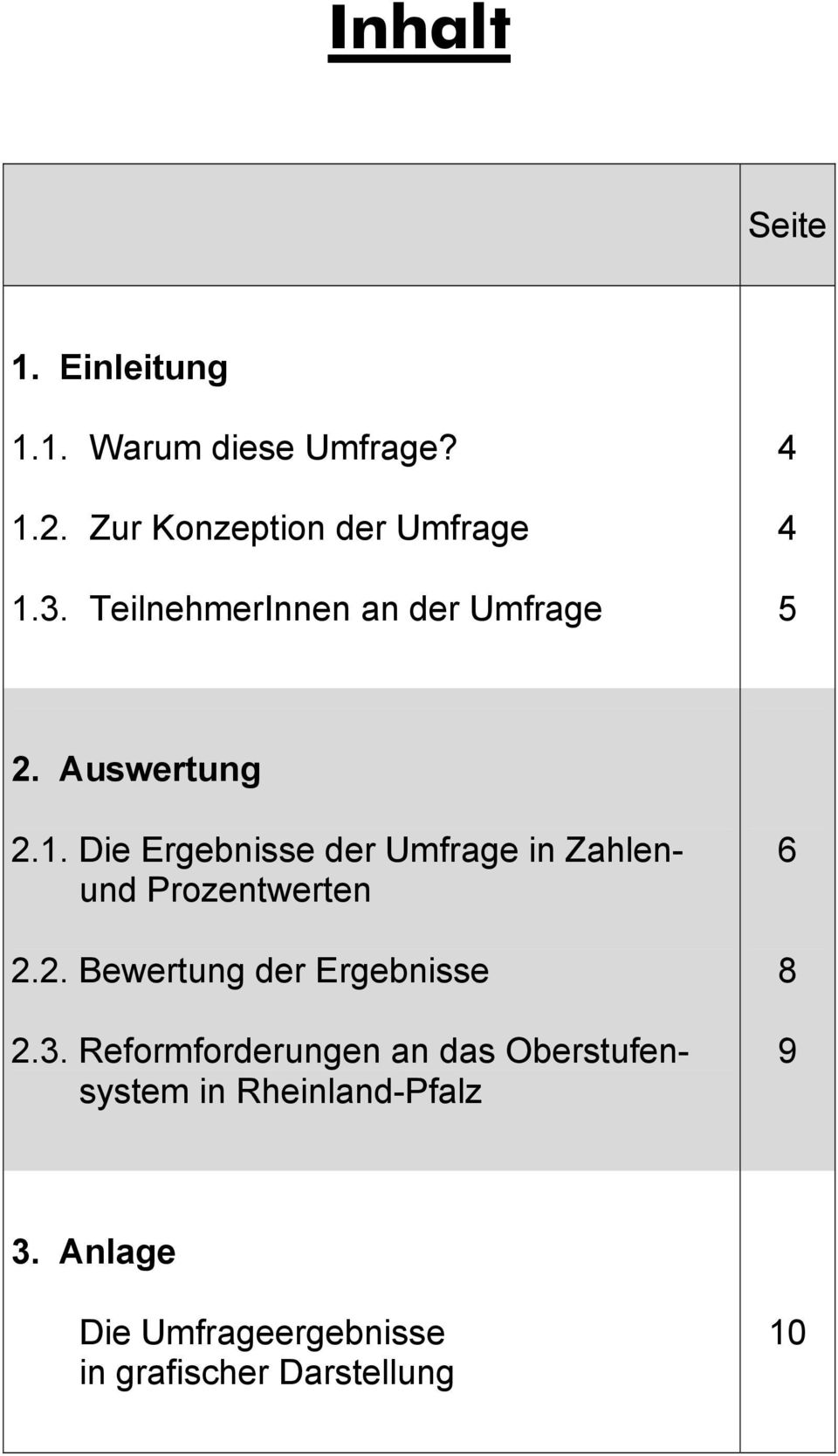 Die Ergebnisse der Umfrage in Zahlenund Prozentwerten 2.2. Bewertung der Ergebnisse 2.3.