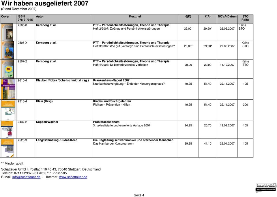 PTT Persönlichkeitsstörungen, Theorie und Therapie Heft 4/2007: Selbstverletzendes Verhalten 29,00 29,90 11.12.2007 2615-4 Klauber /Robra /Schellschmidt (Hrsg.