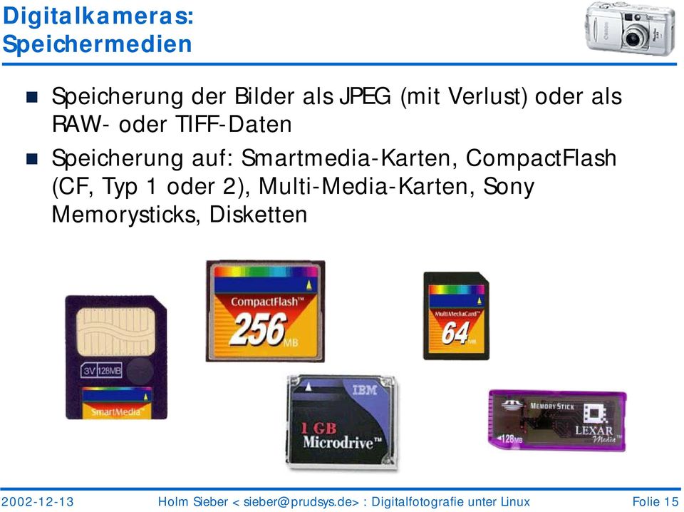 CompactFlash (CF, Typ 1 oder 2), Multi-Media-Karten, Sony Memorysticks,