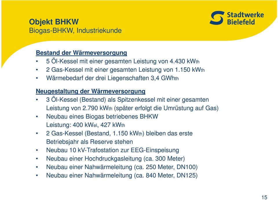 790 kwth (später erfolgt die Umrüstung auf Gas) Neubau eines Biogas betriebenes BHKW Leistung: 400 kwel, 427 kwth 2 Gas-Kessel (Bestand, 1.