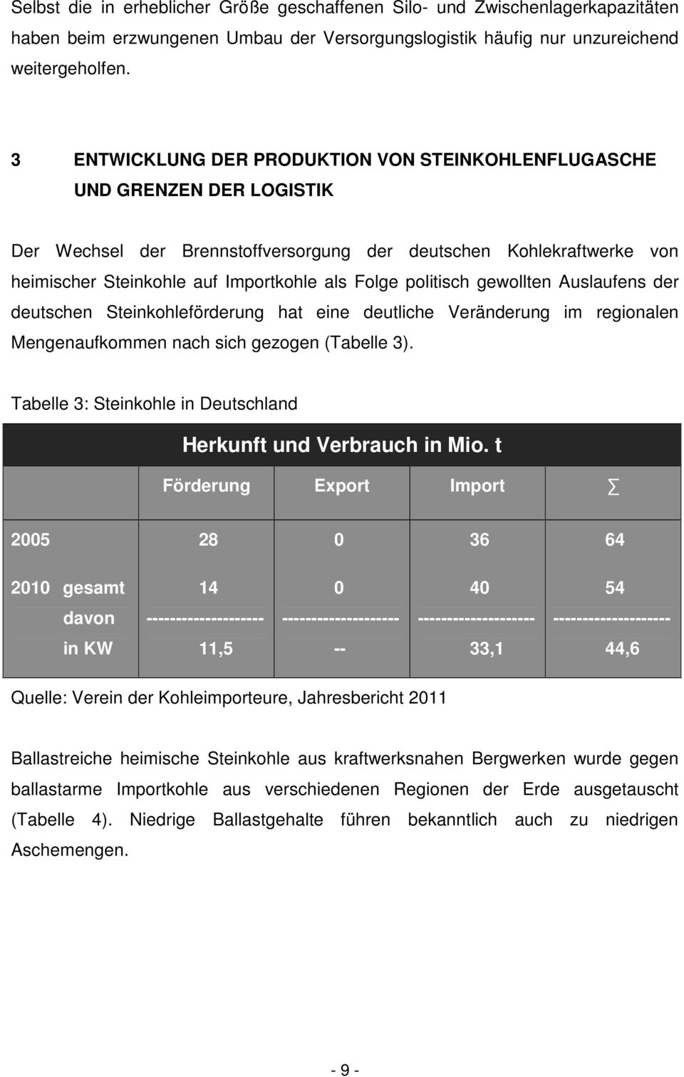 politisch gewollten Auslaufens der deutschen Steinkohleförderung hat eine deutliche Veränderung im regionalen Mengenaufkommen nach sich gezogen (Tabelle 3).