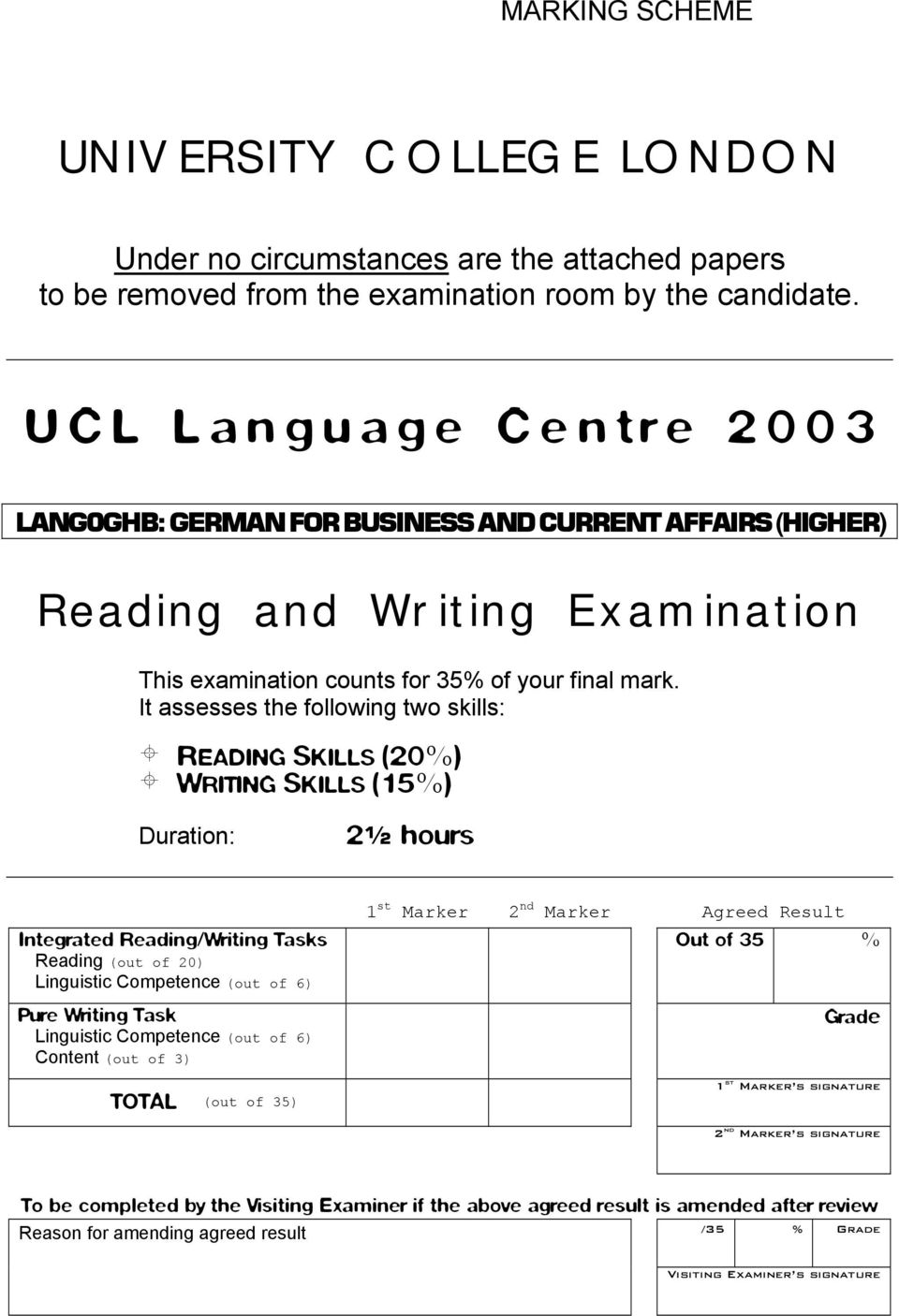 It assesses the following two skills: READING SKILLS (20%) WRITING SKILLS (15%) Duration: 2½ hours Integrated Reading/Writing Tasks Reading (out of 20) Linguistic Competence (out of 6) Pure Writing