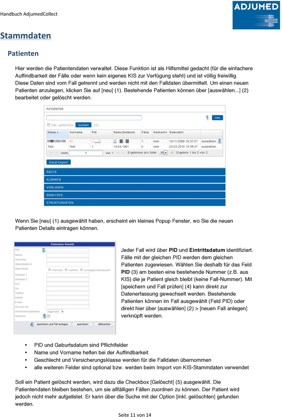 Diese Daten sind vom Fall getrennt und werden nicht mit den Falldaten übermittelt. Um einen neuen Patienten anzulegen, klicken Sie auf [neu] (1). Bestehende Patienten können über [auswählen.