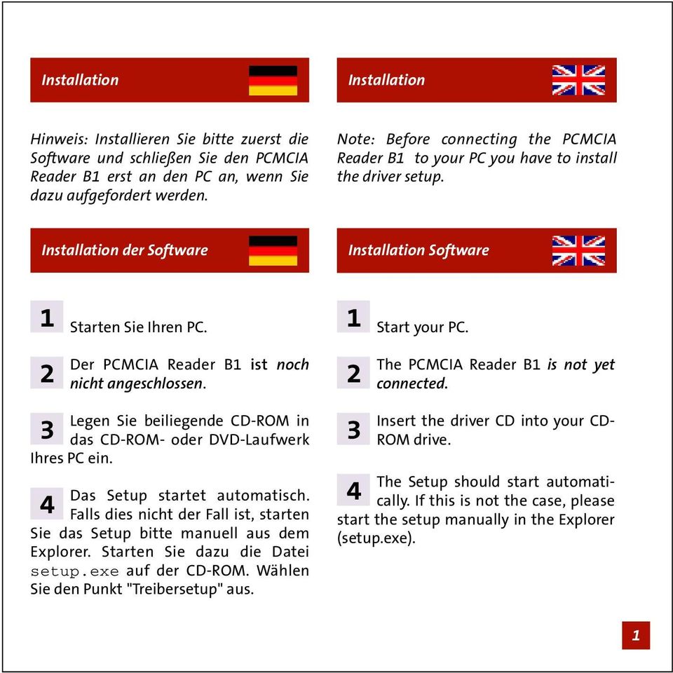 2 Der PCMCIA Reader B1 ist noch nicht angeschlossen. 2 The PCMCIA Reader B1 is not yet connected. 3 Legen Sie beiliegende CD-ROM in das CD-ROM- oder DVD-Laufwerk Ihres PC ein.